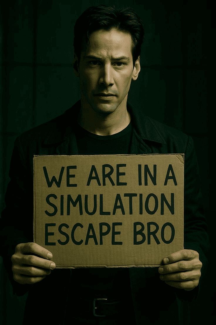 Personagem segura um cartaz com uma mensagem sobre escapar de uma simulação.