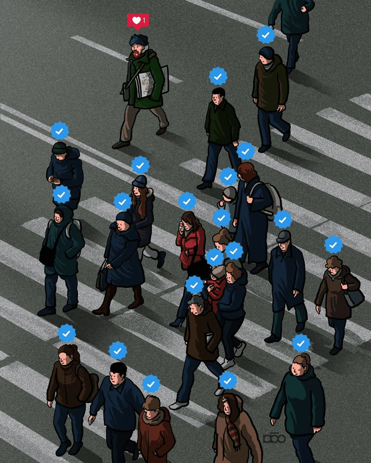 Pedestres caminham com selos de verificação e um símbolo de curtida acima da cabeça.