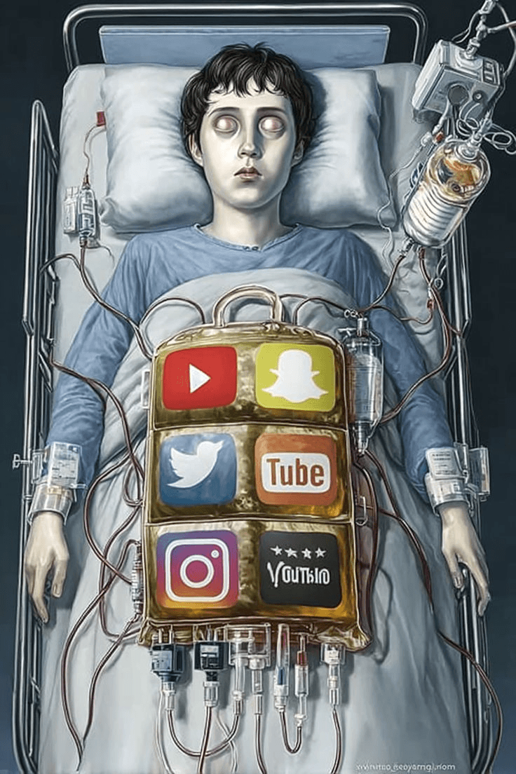Pessoa em uma cama conectada a uma máquina com símbolos de plataformas.