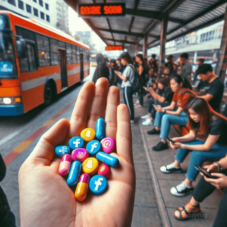 Uma mão segura cápsulas com símbolos digitais diante de pessoas usando celulares em um ponto de ônibus.