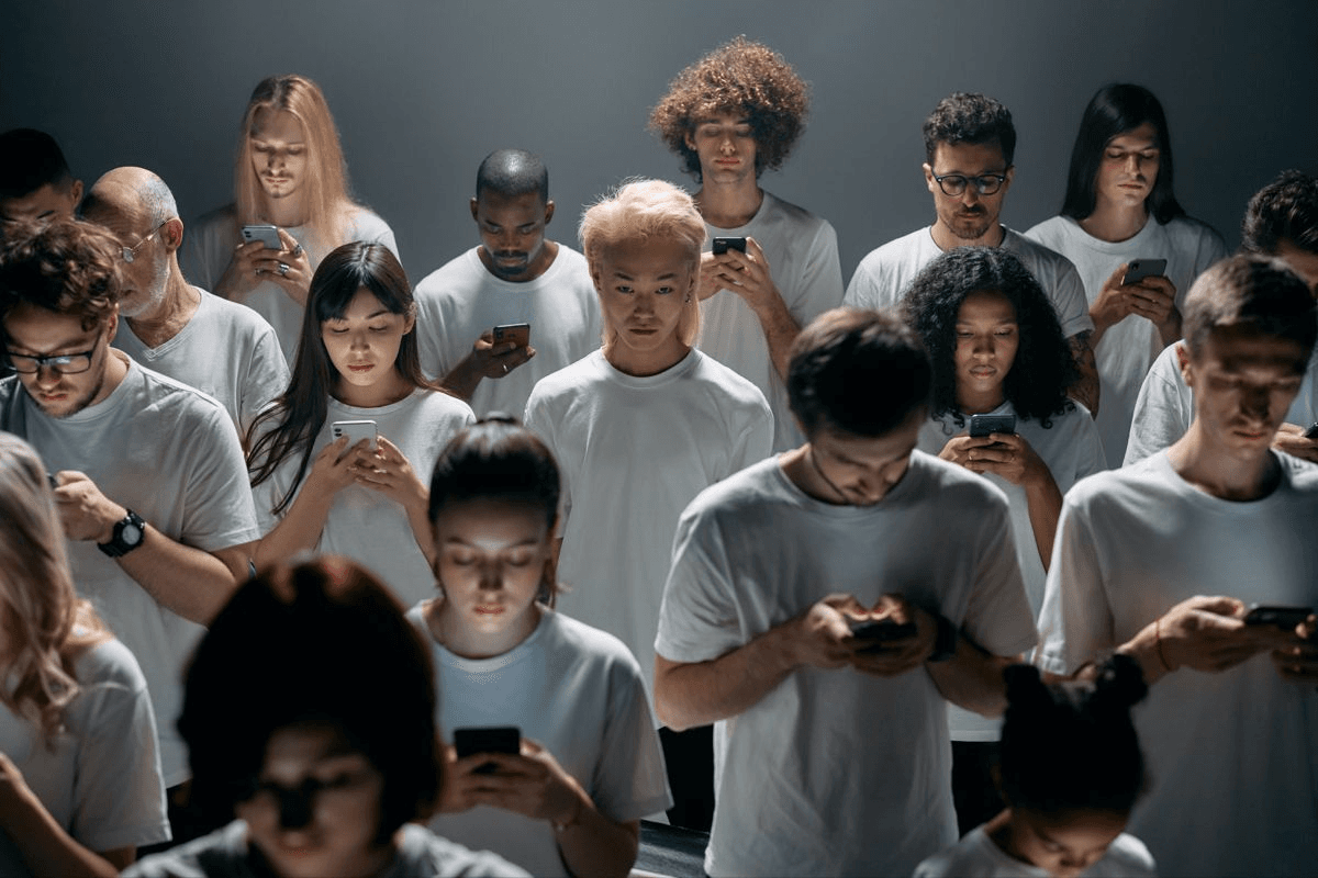 Um grupo olha para o telefone enquanto uma pessoa mantém o olhar à frente.