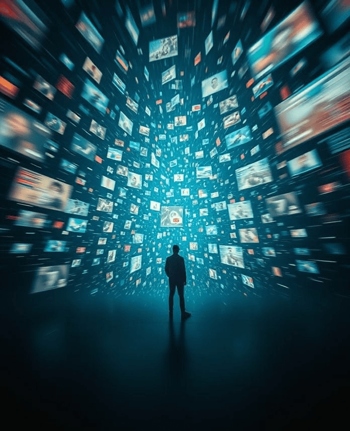 Silhueta humana diante de um corredor de imagens e telas digitais.