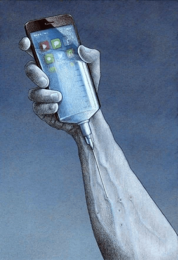 Desenho de um celular transformado em seringa junto a um braço.